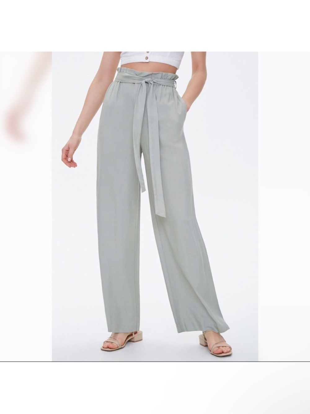 Paperbag Waist Tie-Front Wide Leg Pants - Sage